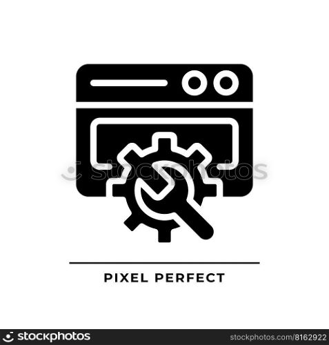 Website configuration black glyph icon. Web page adjustment and customization. Manage site. Webdesign. Silhouette symbol on white space. Solid pictogram. Vector isolated illustration. Website configuration black glyph icon