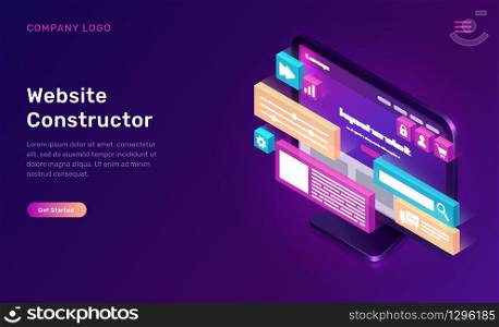 Website constructor isometric concept vector illustration. Software landing page template for creating customize website design, interface, computer monitor with 3D icons on ultraviolet background. Website constructor isometric concept