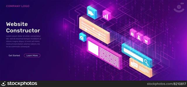 Website constructor isometric concept vector illustration. Software landing page template for creating customize website design, interface with 3D icons on ultraviolet background. Website constructor isometric concept