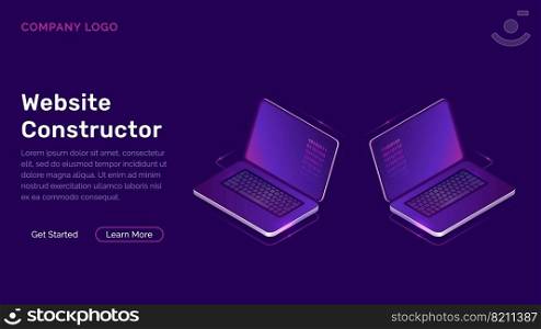 Website constructor isometric concept vector illustration. Software landing page template for creating customize website design, two open 3D laptops with digital code on screen, on ultraviolet banner. Website constructor isometric concept