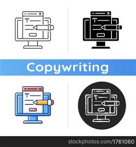 Website content icon. Online platform. Copywriting services. Search optimization. Writing commercial text for website. Linear black and RGB color styles. Isolated vector illustrations. Website content icon