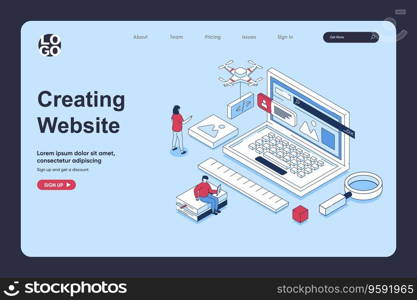 Website creating concept in 3d isometric design for landing page template. People creating UI UX interface, prototyping and testing scripts, optimizing and improving page. Vector illustration for web