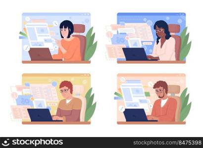 Website development and architecture 2D vector isolated illustration set. Computing flat characters on cartoon background. Colourful editable scene for mobile, website, presentation collection . Website development and architecture 2D vector isolated illustration set