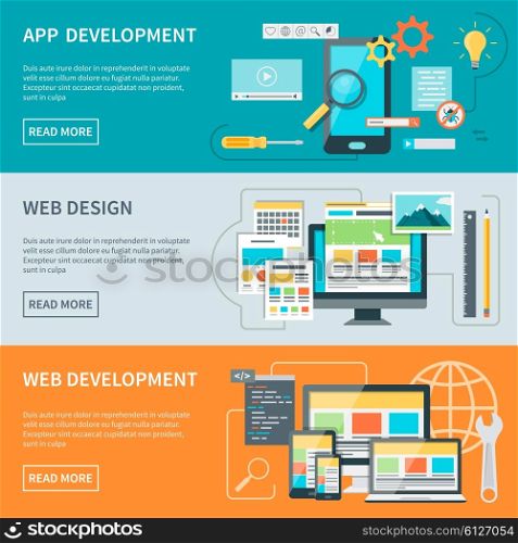 Website Development Banners. Set of three horizontal concept banners illustrated aspects of website development process vector illustration