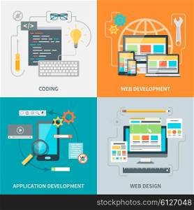 Website Development Picture Set. Set of pictures with various stages of website development process vector illustration