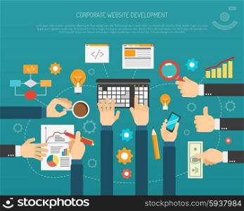 Website development process with hands holding business symbols flat vector illustration. Website Development Process