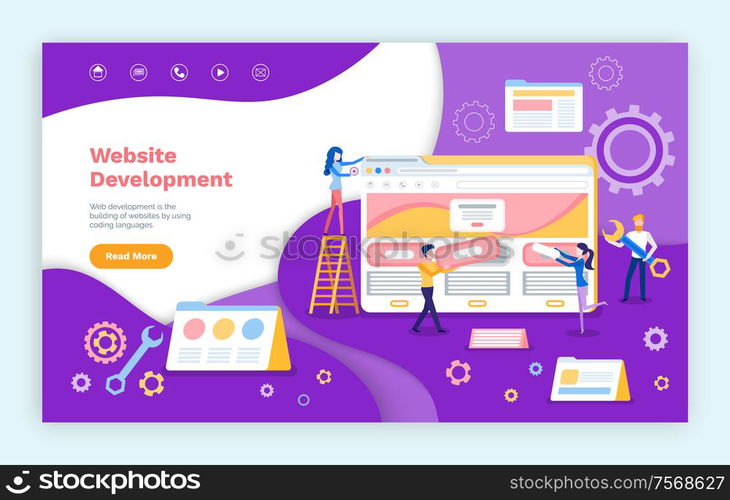 Website development, programmers working on web pages vector. Coding and increasing site productivity, programming of computers internet capacity. Webpage template, landing page in flat. Website Development, Programmers Working on Web