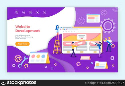 Website development, programmers working on web pages vector. Coding and increasing site productivity, programming of computers internet capacity. Webpage template, landing page in flat. Website Development, Programmers Working on Web