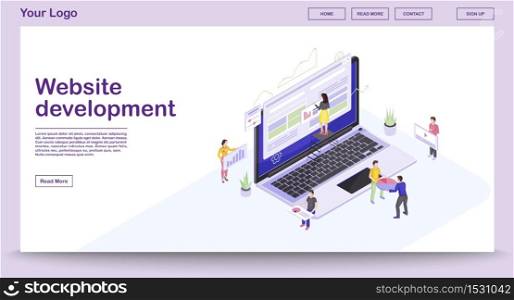 Website development webpage vector template with isometric illustration. Website builder. People building website 3d concept. Webpage construction. Team create interface isolated clipart. Website development webpage vector template with isometric illustration
