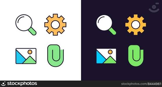 Website elements pixel perfect light and dark theme color icons set. Digital business development. User comfort. Simple filled line drawings. Bright cliparts on white and black. Editable stroke. Website elements pixel perfect light and dark theme color icons set