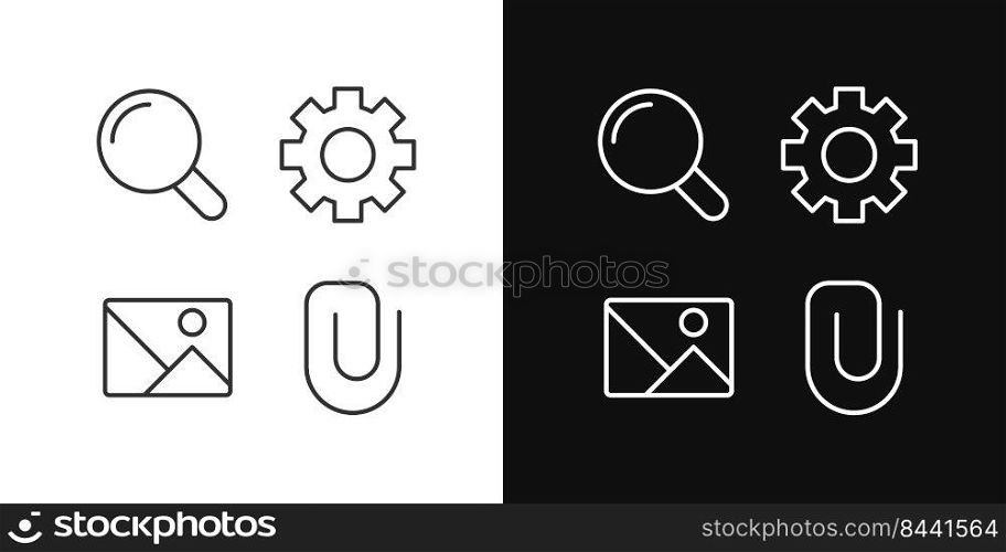 Website elements pixel perfect linear icons set for dark, light mode. Digital business development. User comfort. Thin line symbols for night, day theme. Isolated illustrations. Editable stroke. Website elements pixel perfect linear icons set for dark, light mode