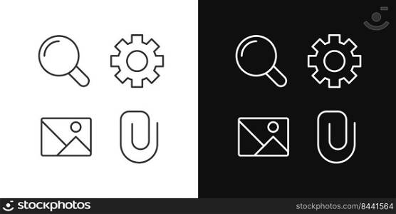 Website elements pixel perfect linear icons set for dark, light mode. Digital business development. User comfort. Thin line symbols for night, day theme. Isolated illustrations. Editable stroke. Website elements pixel perfect linear icons set for dark, light mode