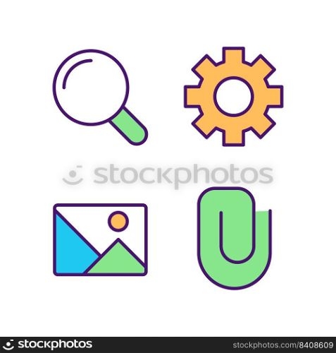 Website elements pixel perfect RGB color icons set. Digital business development. User comfort. Isolated vector illustrations. Simple filled line drawings collection. Editable stroke. Website elements pixel perfect RGB color icons set