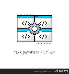 Website engine. Cms. Content management system icon. Isolated vector thin line colored sign with gear and pc screens with programming code, symbolizing organization and control over digital content. Website engine. Cms Content management system icon