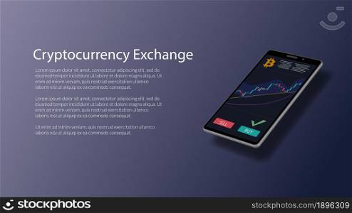 Website header mockup for cryptocurrency exchange with realistic isometric smartphone with stock chart and bitcoin icon on screen. Vector EPS10.
