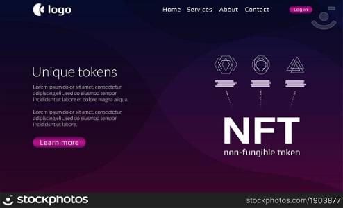 Website header template for NFT nonfungible tokens with infographics unique coins on dark background. Pay for unique collectibles in games or art. Vector illustration.