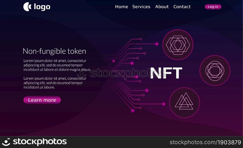 Website header template for NFT nonfungible tokens with pcb tracks and unique coins on dark background. Pay for unique collectibles in games or art. Vector illustration.