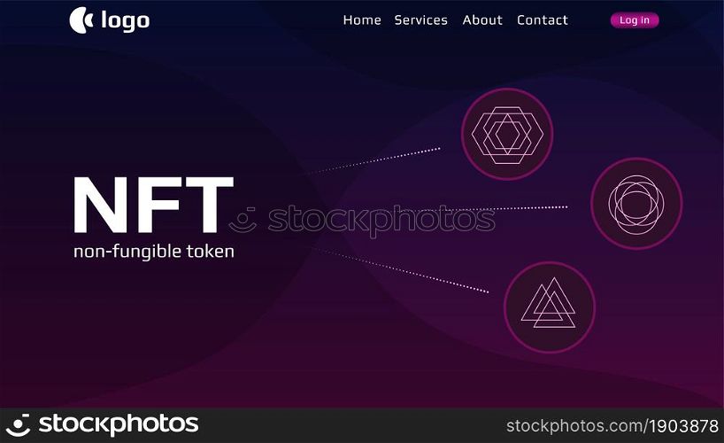Website header template for NFT nonfungible tokens with simple infographics unique coins on dark background. Pay for unique collectibles in games or art. Vector illustration.