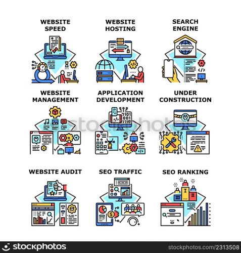Website Hosting Set Icons Vector Illustrations. Website Hosting Speed And Management, Audit And Host, Seo Ranking And Traffic, Application Development And Under Construction Color Illustrations. Website Hosting Set Icons Vector Illustrations