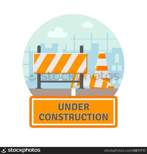 Website improvement under construction flat icon with traffic barrier and cone vector illustration. Under Construction Flat Icon