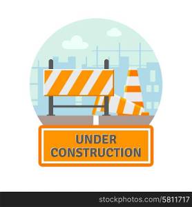 Website improvement under construction flat icon with traffic barrier and cone vector illustration. Under Construction Flat Icon