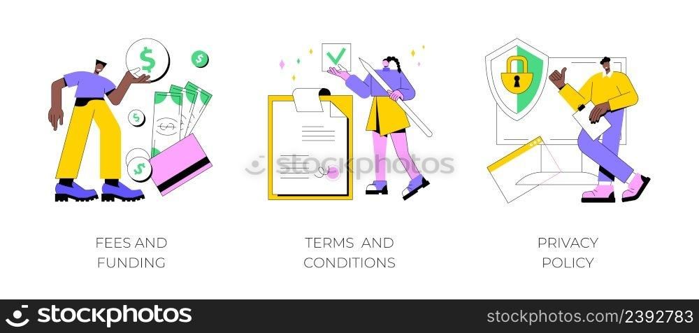 Website information page abstract concept vector illustration set. Fees and funding, terms and conditions, privacy policy, service cost, subscription fee, website menu bar, UI, UX abstract metaphor.. Website information page abstract concept vector illustrations.