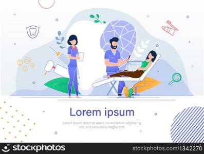 Website Landing Page Banner Visit Dental Clinic. Smiling Doctor, Dentist Examine Teeth Girl Patient Dental Chair, Consult. Assistant Helps. Dental Clinic Equipment. Flat Vector Illustration. Website Landing Page Banner Visit Dental Clinic