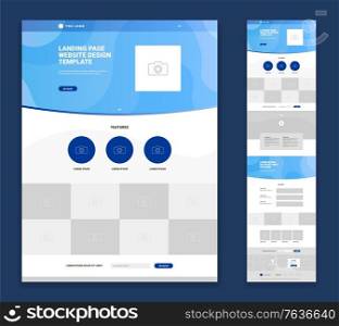 Website landing page flat design with logo photo features articles video contact form isolated on blue background vector illustration