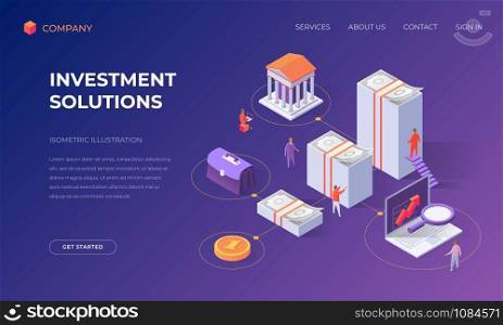 Website landing page, promotion poster, flyer or brochure concept for business investment solutions, isometric vector illustration