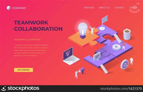 Website landing page, promotion poster, flyer or brochure concept for business teamwork collaboration, isometric vector illustration