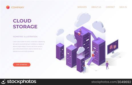 Website landing page, promotion poster, flyer or brochure concept for cloud data storage, isometric vector illustration