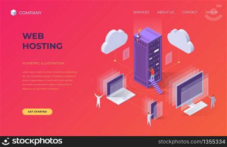 Website landing page, promotion poster, flyer or brochure concept for cloud web hosting, isometric vector illustration