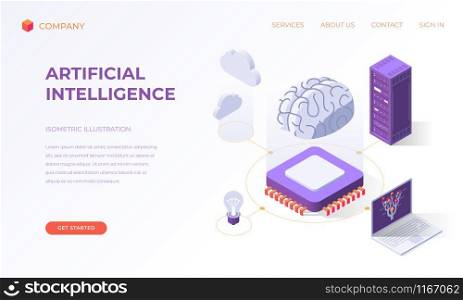 Website landing page, promotion poster, flyer or brochure concept for computer artificial intelligence, isometric vector illustration