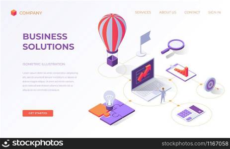Website landing page, promotion poster, flyer or brochure concept for creative business solutions, isometric vector illustration