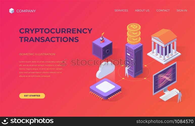 Website landing page, promotion poster, flyer or brochure concept for cryptocurrency transactions, isometric vector illustration