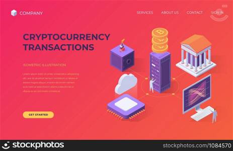 Website landing page, promotion poster, flyer or brochure concept for cryptocurrency transactions, isometric vector illustration