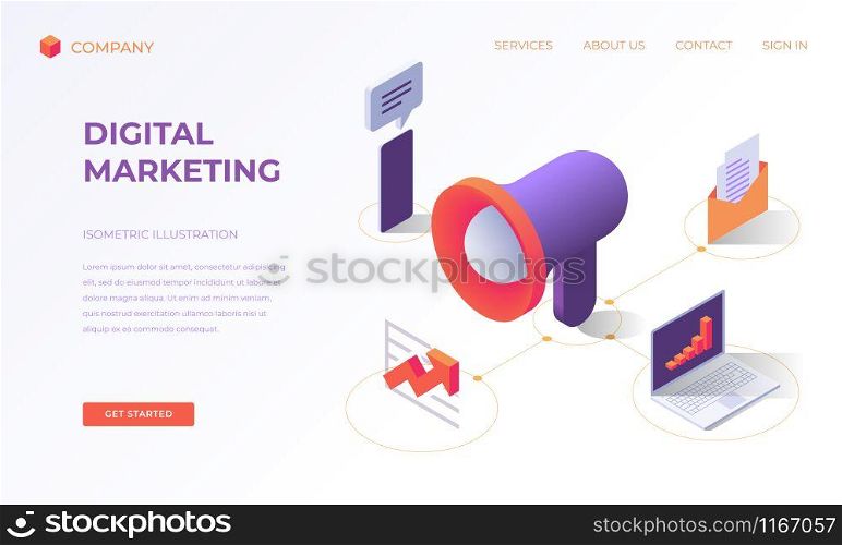 Website landing page, promotion poster, flyer or brochure concept for digital marketing solutions, isometric vector illustration