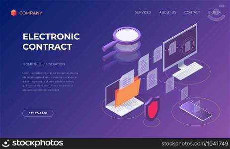 Website landing page, promotion poster, flyer or brochure concept for electronic contract business deal, isometric vector illustration