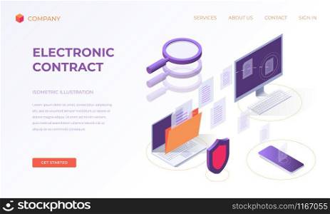 Website landing page, promotion poster, flyer or brochure concept for electronic contract business deal, isometric vector illustration