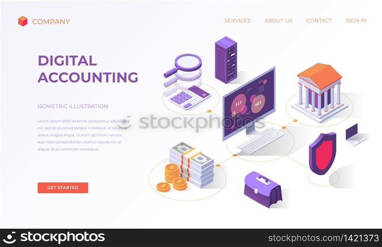 Website landing page, promotion poster, flyer or brochure concept for financial digital accounting, isometric vector illustration