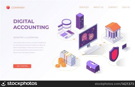 Website landing page, promotion poster, flyer or brochure concept for financial digital accounting, isometric vector illustration
