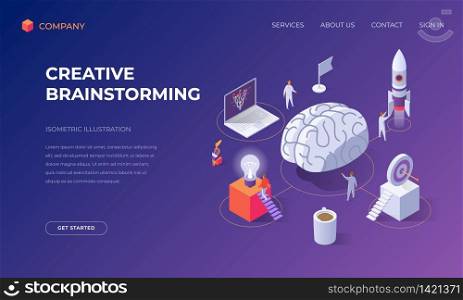 Website landing page, promotion poster, flyer or brochure concept for finding business solution by creative brainstorming, isometric vector illustration