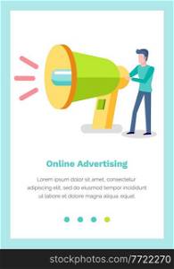 Website landing page template with male character holding loudspeaker. Online advertising concept. Distribution of advertisement via the internet. A man advertises goods using special equipment. Website landing page template with male character holding loudspeaker. Online advertising concept
