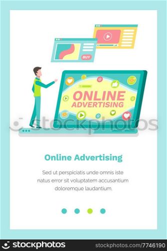 Website landing page template with male character looking at the screen. Online advertising concept. Distribution of advertisement via the internet. Guy is working with a webpage on a laptop. Website landing page template with male character looking at the screen. Online advertising concept