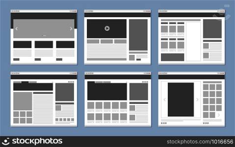 Website layout. Web pages template internet browser window with banners and ui elements icons vector design. Illustration of menu site, project content flowchart. Website layout. Web pages template internet browser window with banners and ui elements icons vector design