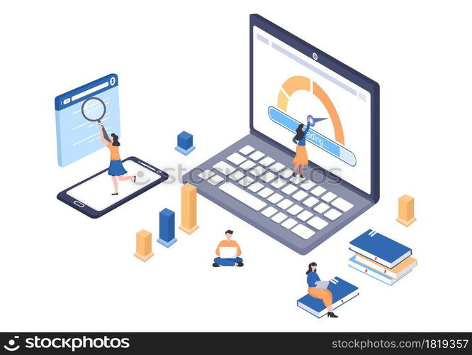 Website Loading Speed Optimization With Server, Web Programming, Mobile App Development, and Page Software. Background Vector Illustration
