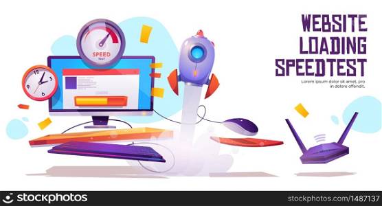Website loading speed test banner. Internet site quick traffic optimization engine plugin testing. Computer desktop with web page, speedometer, clock, wifi router and rocket Cartoon vector poster. Website loading speed test banner internet traffic