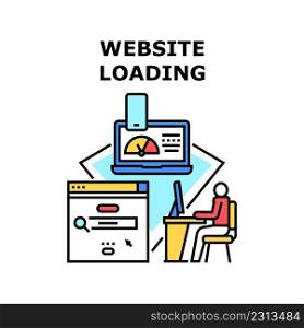 Website Loading Vector Icon Concept. Programmer Developing And Website Loading In Internet. Worker Checking Work And Researching Bug Or Speed Of Web Site Or Online Store Color Illustration. Website Loading Vector Concept Color Illustration