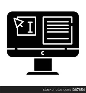 Website localization, DTP services glyph icon. Text editing, correction. Document page layout. Graphic processing. Website localization. Silhouette symbol. Negative space. Vector isolated illustration