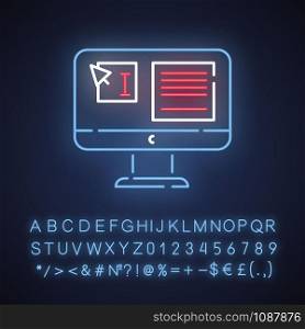 Website localization, DTP services neon light icon. Mistake correction. Document page layout. Website localization. Glowing sign with alphabet, numbers and symbols. Vector isolated illustration